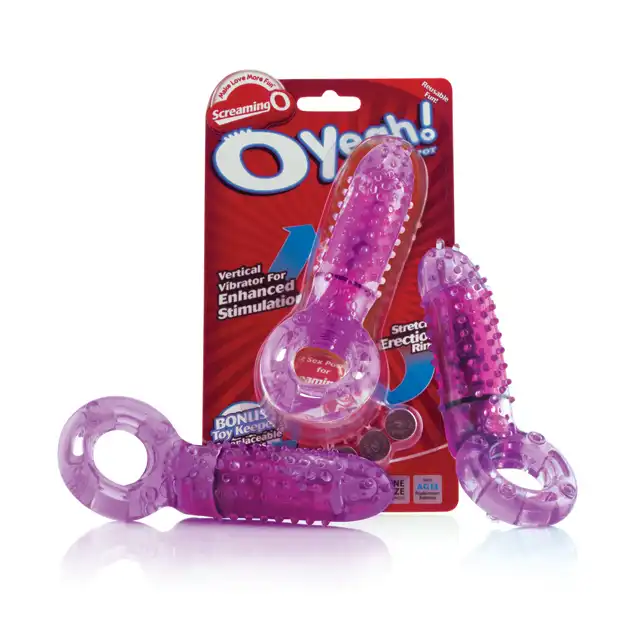 The Screaming O - Oyeah Purple. Wibrujący ring erekcyjny na penisa z pionowym stymulatorem łechtaczki z wypustkami, elastyczny i niezawodny