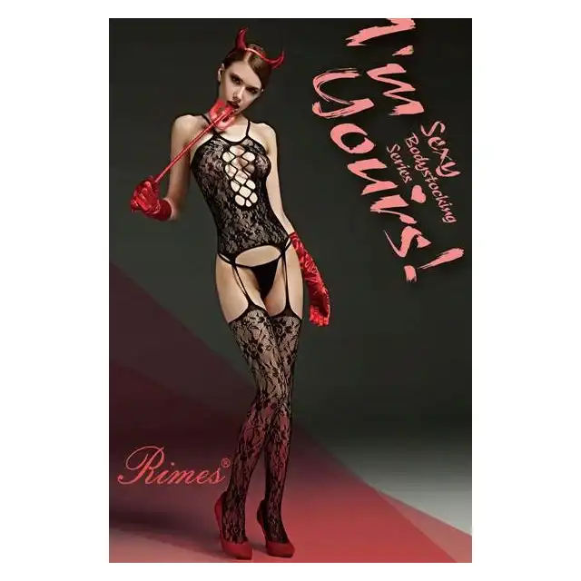 Rimes - Bodystocking One Size 521D. Zmysłowy czarny bodystocking z kwiatowym wzorem