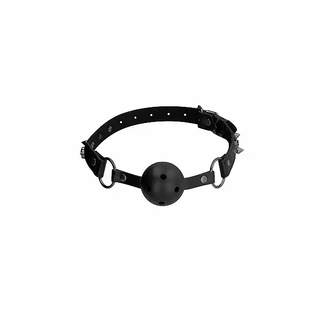 Ouch! - Breathable Ball Gag Black. Czarny knebel z czaszkami i ćwiekami. Otworki do oddychania. 