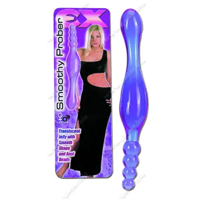 Ex - Smoothy Prober Purple. Żelowe dildo z koralikami analnymi. Dwustronne. 
