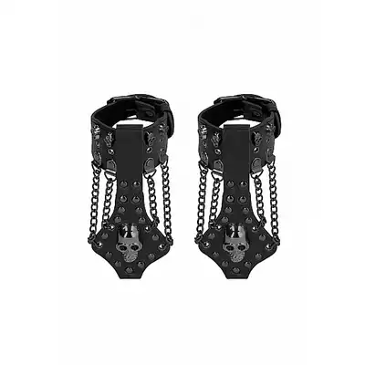 Ouch! - Skulls and Bones Hanfcuffs With Skulls and Chains. Kajdanki z czaszkami i uchwytami na palce