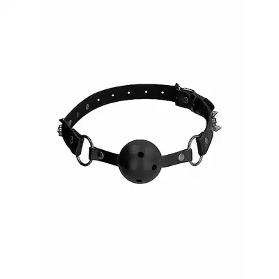 Ouch! - Breathable Ball Gag Black. Czarny knebel z czaszkami i ćwiekami. Otworki do oddychania. 