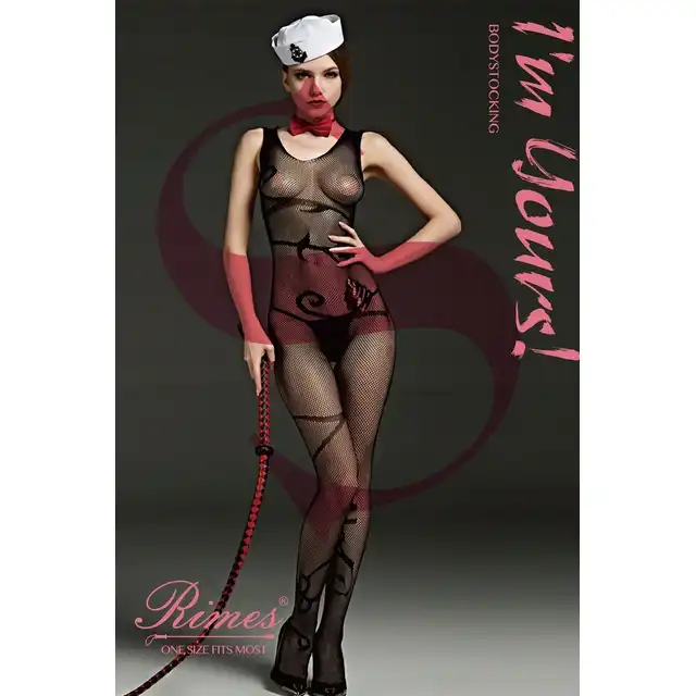 Rimes - Bodystocking One Size 7097. Czarny bodystocking z ciekawym wzorem