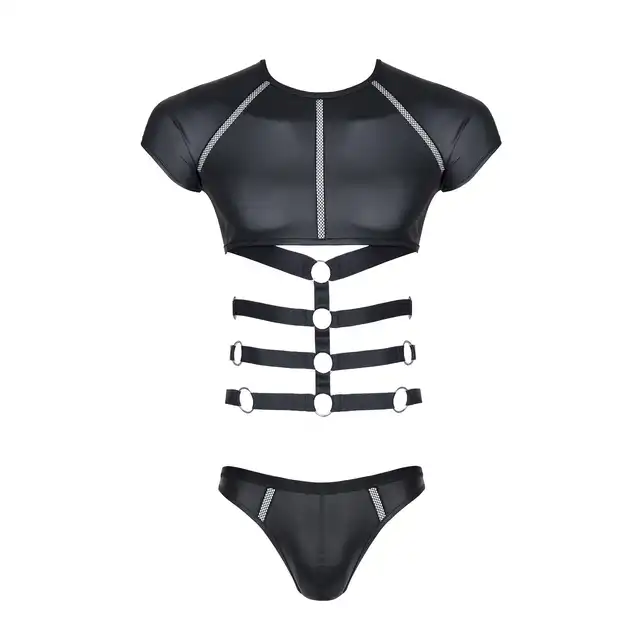 Regnes Fetish Planet - SET012 Black L. Czarna koszulka z odobnymi gumkami i stringami. 