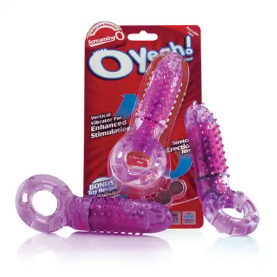 The Screaming O - Oyeah Purple. Wibrujący ring erekcyjny na penisa z pionowym stymulatorem łechtaczki z wypustkami, elastyczny i niezawodny
