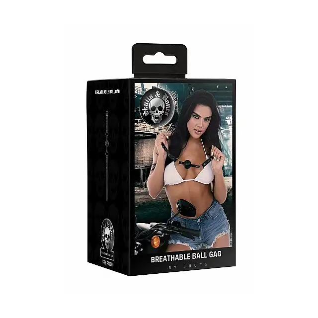 Ouch! - Breathable Ball Gag Black. Czarny knebel z czaszkami i ćwiekami. Otworki do oddychania. 