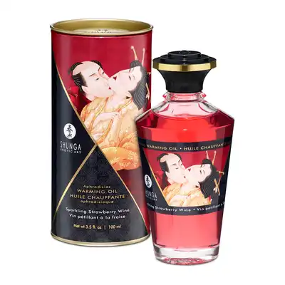 SHUNGA - Warming Oil Sparkling Strawberry Wine. Rozgrzewający jadalny olejek do masażu o smaku truskawkowego wina. 
