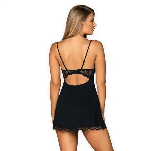 Obsessive - Luvae babydoll i stringi S/M. Czarna koszulka z oryginalną koronką