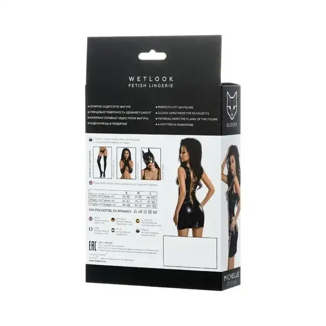 Glossy Wetlook Dress Michelle M Size. Sukienka z Rozcięciem Wiązana, Imitująca Latex. 