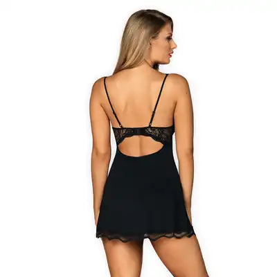 Obsessive - Luvae babydoll i stringi S/M. Czarna koszulka z oryginalną koronką