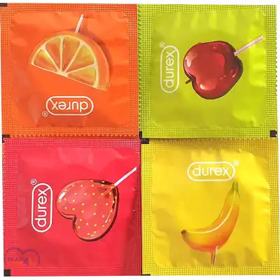 Durex - Pleasure Fruits 4 szt. Cztery smaki: banan, jabłko, pomarańcza, truskawka