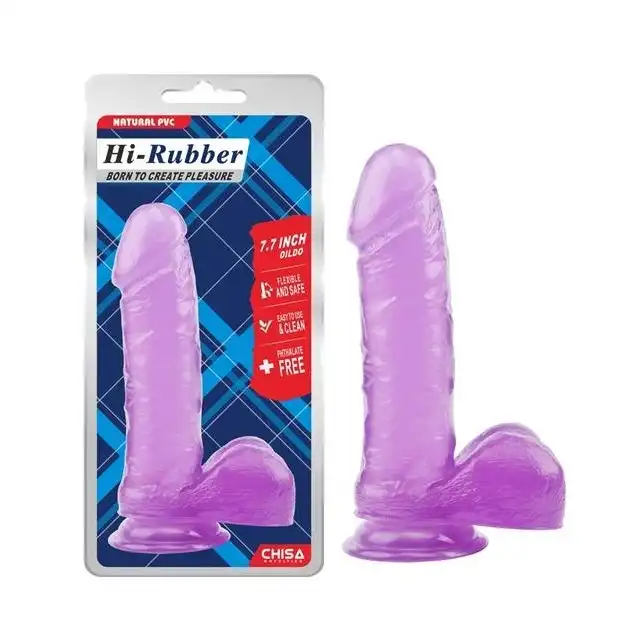 Hi-Rubber - Dildo 7.7 Cala Fioletowe. Transparentne, fioletowe dildo z mocną przyssawką. 19,5 cm długości oraz 4,5 cm średnicy