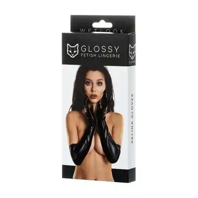 Glossy Gloves M Size Black. Rękawiczki Czarne Linia Fetish Imitujące Latex.