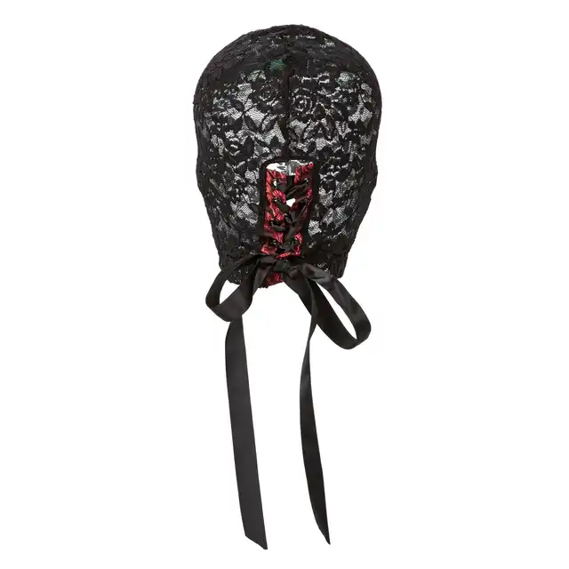 Scandal - Corset Lace Hood. Czarna koronkowa maska na całą twarz z wiązaniem gorsetowym