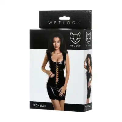 Glossy Wetlook Dress Michelle M Size. Sukienka z Rozcięciem Wiązana, Imitująca Latex. 