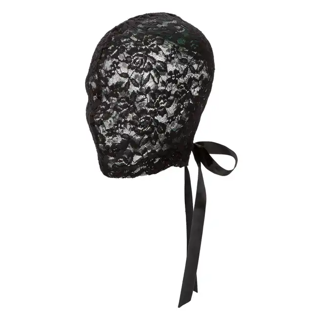Scandal - Corset Lace Hood. Czarna koronkowa maska na całą twarz z wiązaniem gorsetowym