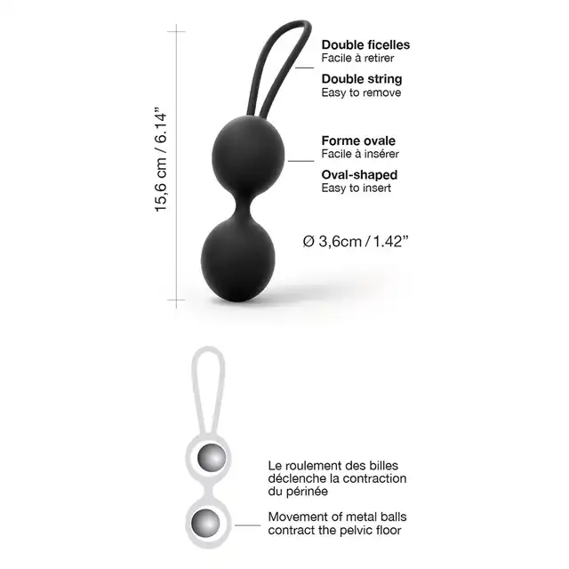 Dorcel - Dual Balls Noir. Delikatny silikon. Czarne kulki gejszy z podwójnym sznureczkiem