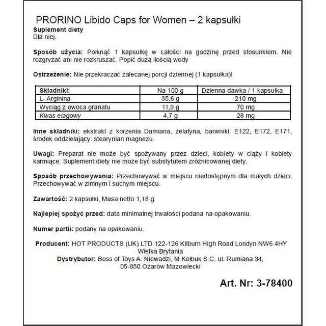 HOT- Prorino Women 2 caps. Kapsułki wspomagające libido