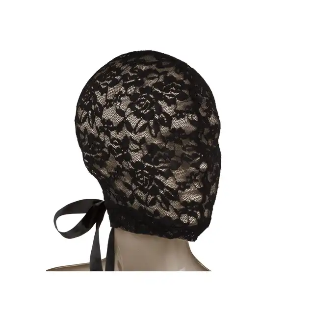 Scandal - Corset Lace Hood. Czarna koronkowa maska na całą twarz z wiązaniem gorsetowym