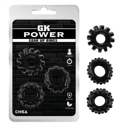 GK Power - Gear Up Rings. Zestaw 3 czarnych, rozciągliwych ringów erekcyjnych z mocną funkcją uciskową