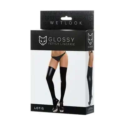 Glossy - Shiny Wetlook Stockings Lotis Black. Pończochy Czarne Imitujące Latex Lotis.