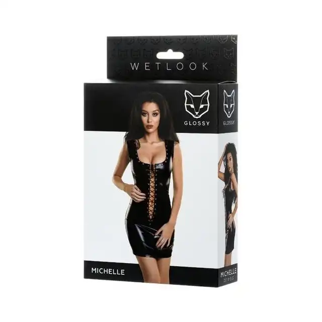 Glossy Wetlook Dress Michelle M Size. Sukienka z Rozcięciem Wiązana, Imitująca Latex. 