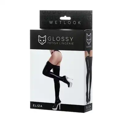 Shiny Wetlook Stockings Eliza M Size. Pończochy Samonośne z Koronką Imitujące Latex.