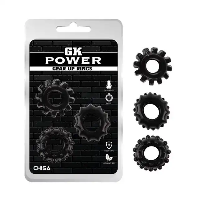 GK Power - Gear Up Rings. Zestaw 3 czarnych, rozciągliwych ringów erekcyjnych z mocną funkcją uciskową