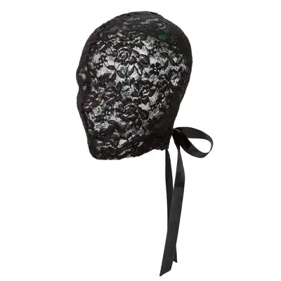 Scandal - Corset Lace Hood. Czarna koronkowa maska na całą twarz z wiązaniem gorsetowym