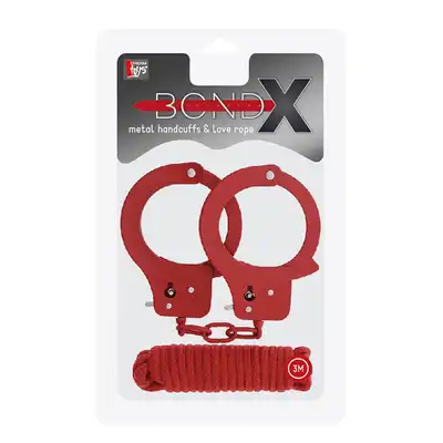 Kajdanki-BONDX METAL CUFFS&amp;LOVE ROPE SET-RED