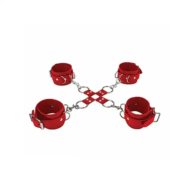 Ouch! - Leather Hand And Leg Cuffs Red. Kajdanki krzyżowe na ręce i nogi.