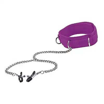 Ouch! - Velcro Collar With Nipple Clamps Purple. Obroża z klamerkami na sutki.