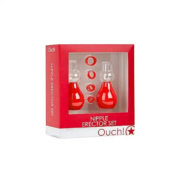 Ouch! - Nipple Erector Set Red. Pompki do sutków z zestawem obrączek.
