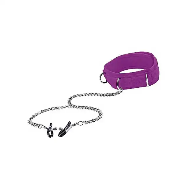 Ouch! - Velcro Collar With Nipple Clamps Purple. Obroża z klamerkami na sutki.