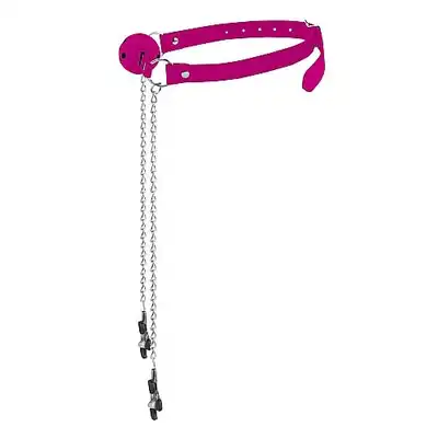 Ouch! - Ball Gag With Nipple Clamps. Różowy knebel z klamerkami na sutki.