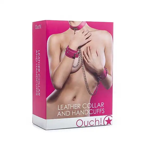 Ouch! - Leather Collar And Handcuffs Pink. Obroża z kajdanami.