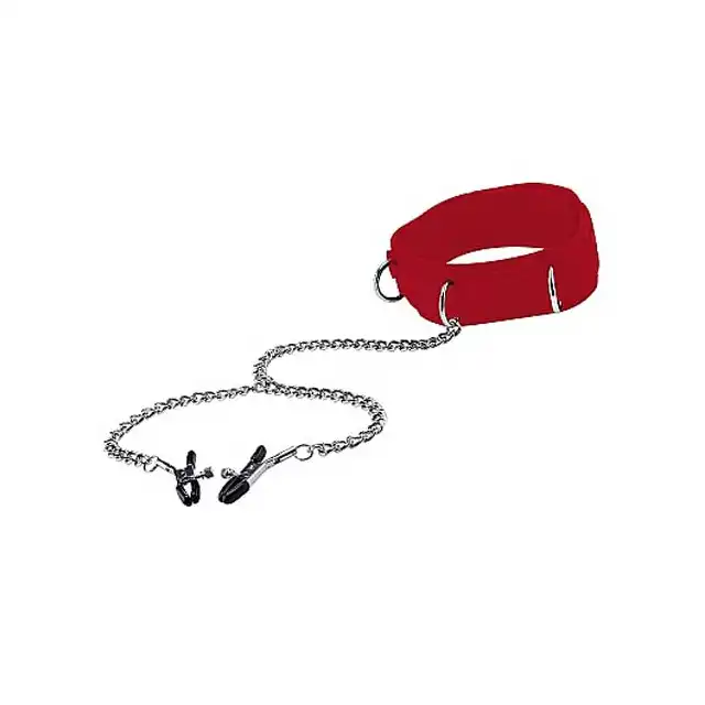 Ouch! - Velcro Collar With Nipple Clamps Red. Obroża z klamerkami na sutki.