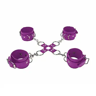Ouch! - Leather Hand And Leg Cuffs Purple. Kajdanki krzyżowe na ręce i nogi.