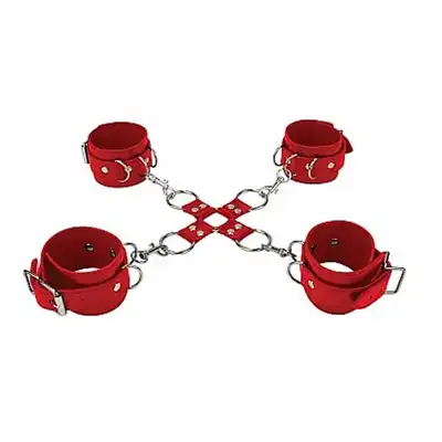 Ouch! - Leather Hand And Leg Cuffs Red. Kajdanki krzyżowe na ręce i nogi.