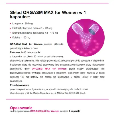Medica Group - Orgasm Max For Women. Suplement diety na szybkie podniecenie i silne orgazmy.