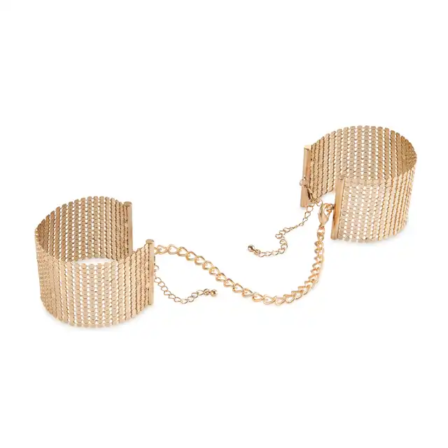 Bijoux Indiscrects - Metallic Mesh Handcuffs Gold. Eleganckie złote kajdanki. Mogą służyć jako biżuteria. 
