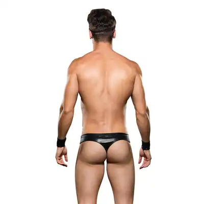 Envy - Biker Bikini Bottom/ Cuff/ Hat L/XL. Skóropodobny kostium motocyklisty. W zestawie seksowne mankiety i czarna czapka z zamkiem. 
