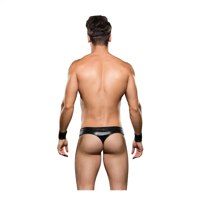 Envy - Biker Bikini Bottom/ Cuff/ Hat L/XL. Skóropodobny kostium motocyklisty. W zestawie seksowne mankiety i czarna czapka z zamkiem. 