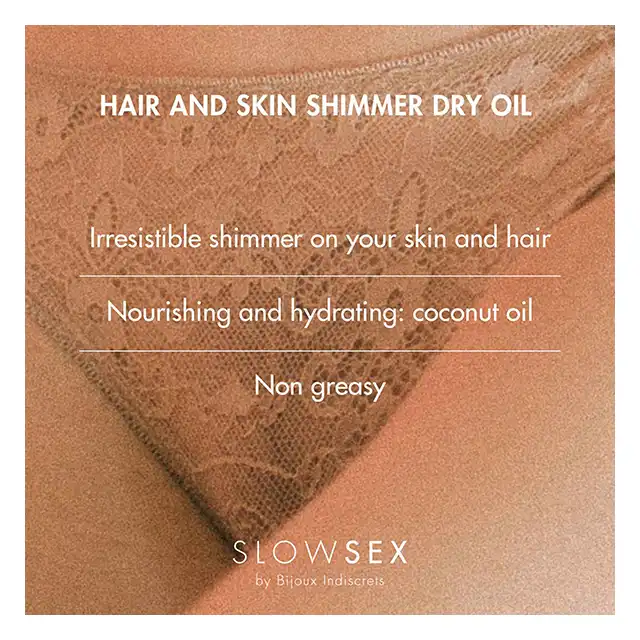 Slow Sex - Hair and Skin Shimmer Dry Oil 30 ml. Przepięknie lśniący, kokosowy balsam do ciała z błyszczącymi drobinkami.