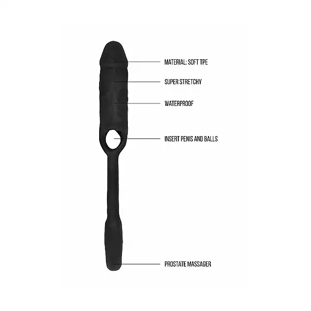 Sono - Stretchy Penis Extension and Plug No.34. Niezwykła czarna nakładka na penisa połączona z plugiem analnym. 