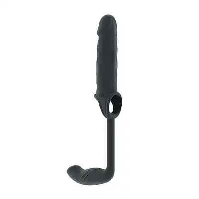 Sono - Stretchy Penis Extension and Plug No.34. Niezwykła szara nakładka na penisa połączona z plugiem analnym. 