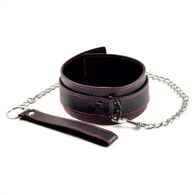 LoveToy - Collar and Leash Set. Skórzana obroża i smycz. Stylowy, czarno-czerwony zestaw. 