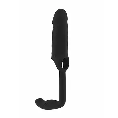 Sono - Stretchy Penis Extension and Plug No.34. Niezwykła czarna nakładka na penisa połączona z plugiem analnym. 