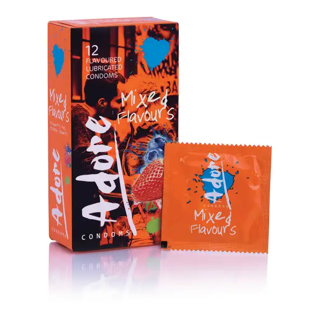 Adore Flavours Condoms - 12 Condoms. Mix smaków, truskawka, czekolada, borówka, mięta.