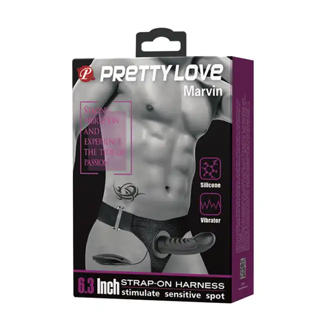 Pretty Love - Marvin. Czarny wibrujący strap-on. Sterowanie pilotem. 